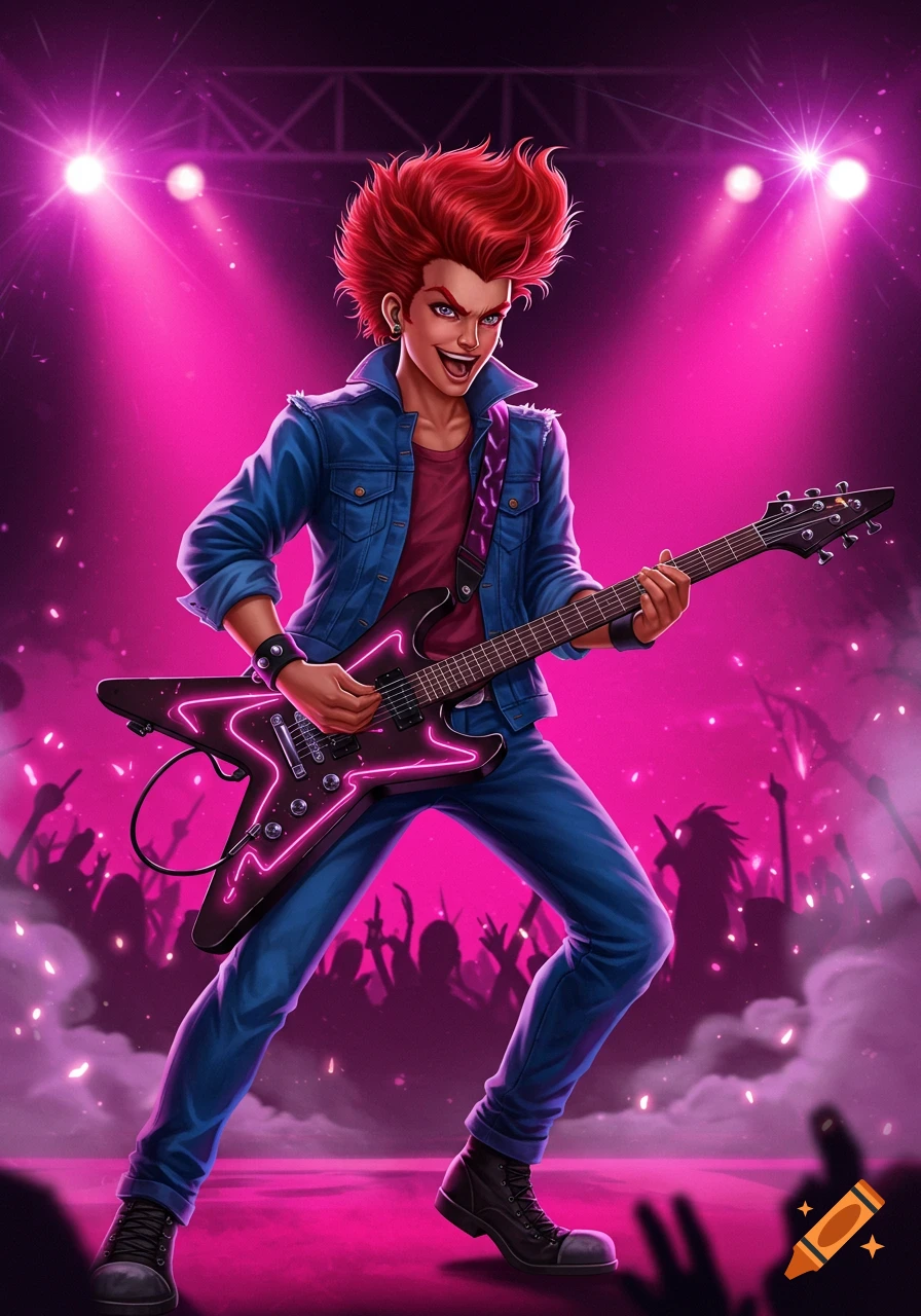 A vibrant anime rockstar with spiky red hair playing an electric guitar on a pink-lit stage in front of a cheering crowd.