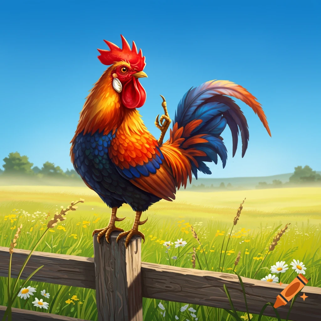 A brightly colored rooster stands on a wooden fence post in a sunny field, with one talon pointing upwards.