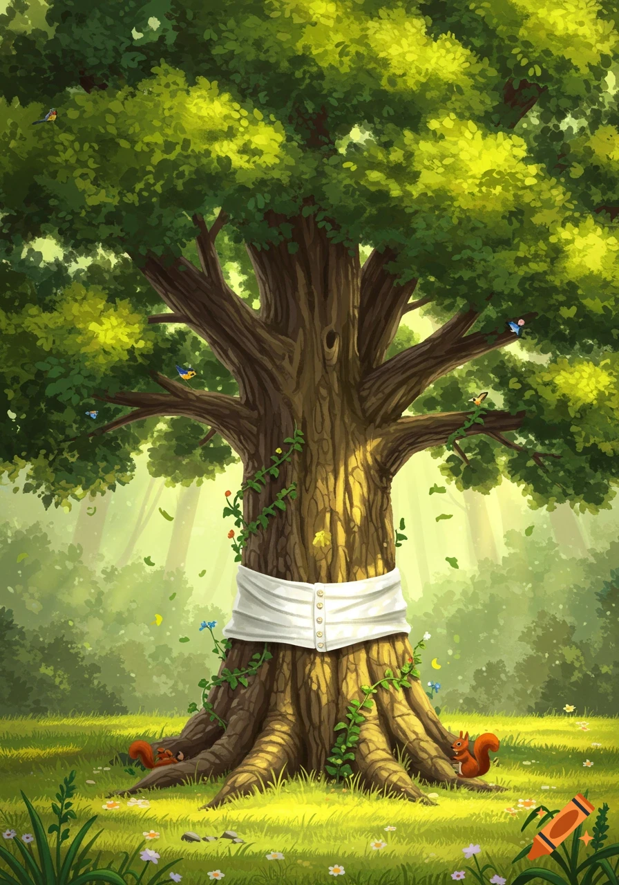 A whimsical cartoon illustration of a large tree wearing a white undershirt band in a sunlit forest with birds and squirrels.