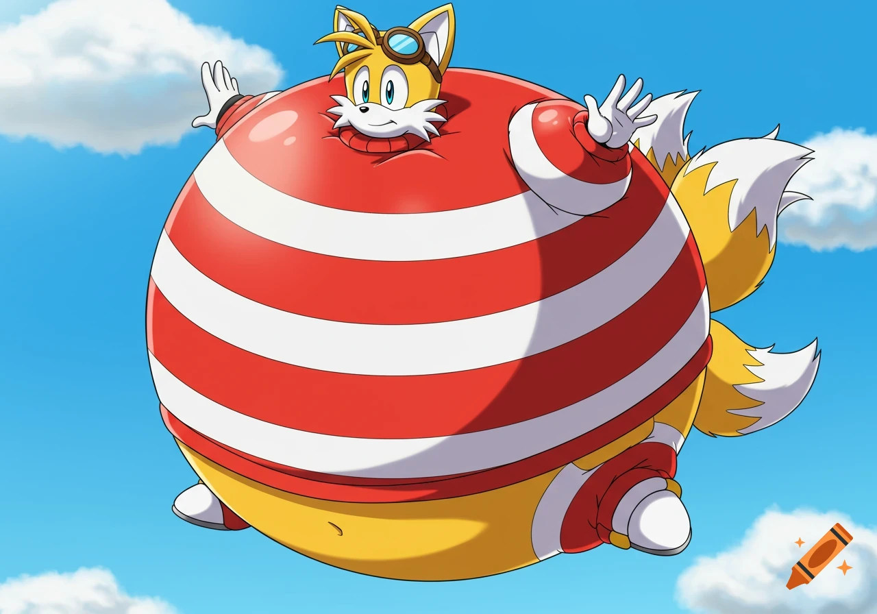 Tails wearing a red and white striped sweater, inflated to a spherical shape, floating in a blue sky with clouds.