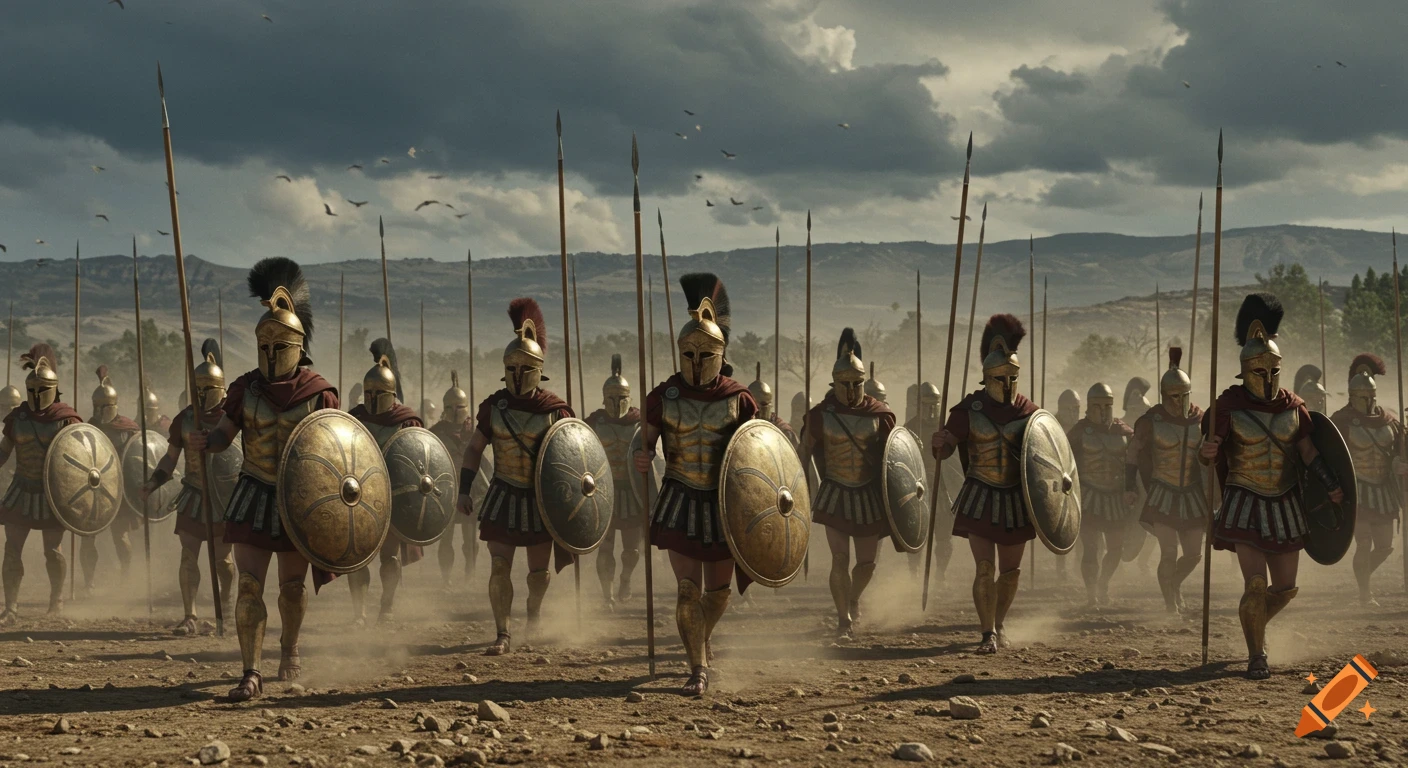 Photorealistic image of Macedonian soldiers in golden armor, carrying spears and shields, marching through a dusty landscape under a cloudy sky.