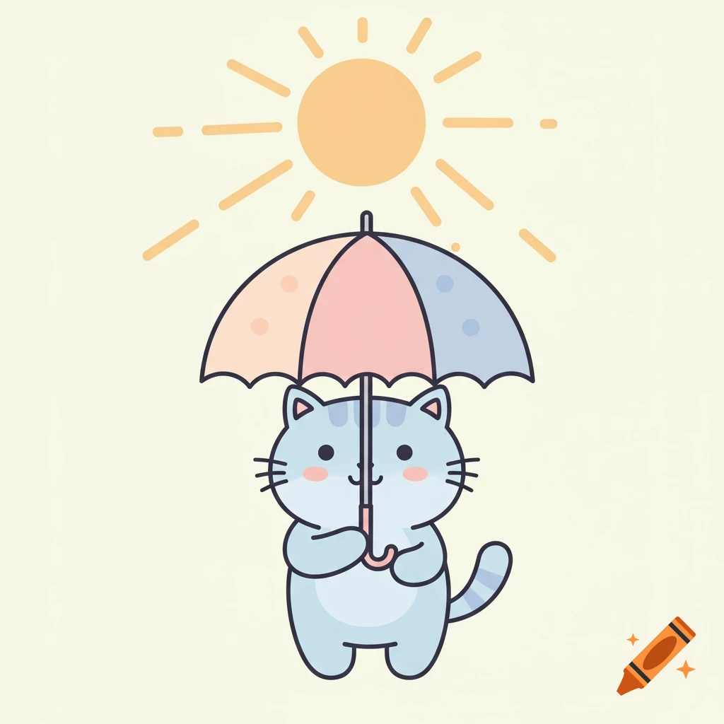 A cute pastel cartoon cat holds a pink and blue umbrella under a shining yellow sun.