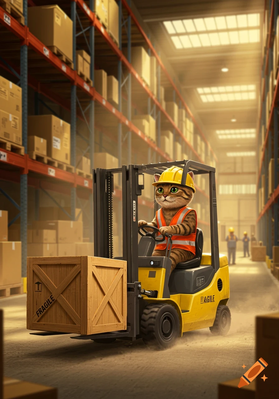 A cartoon tabby cat in a hard hat and safety vest drives a yellow forklift carrying a wooden box through a dusty warehouse.