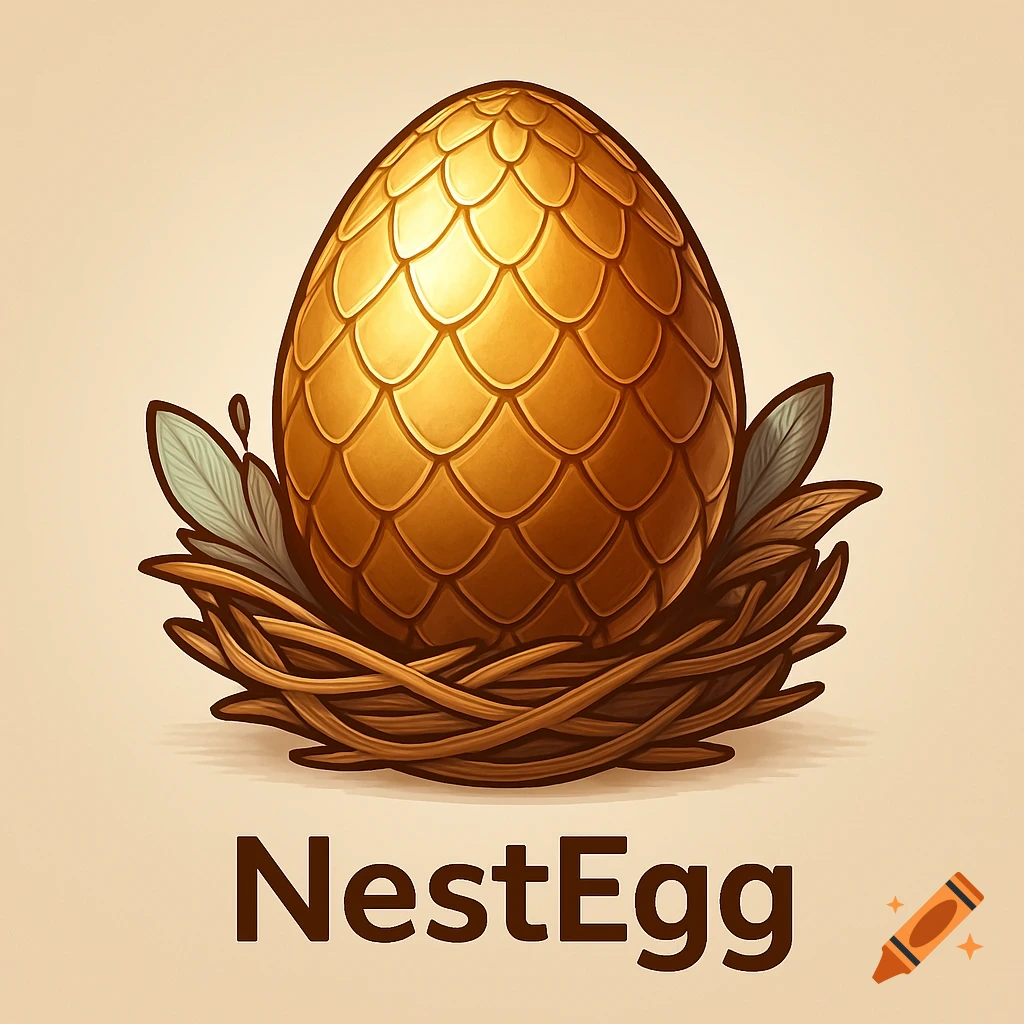 A golden scaly dragon egg in a nest with leaves, text "NestEgg" below, vector logo illustration.