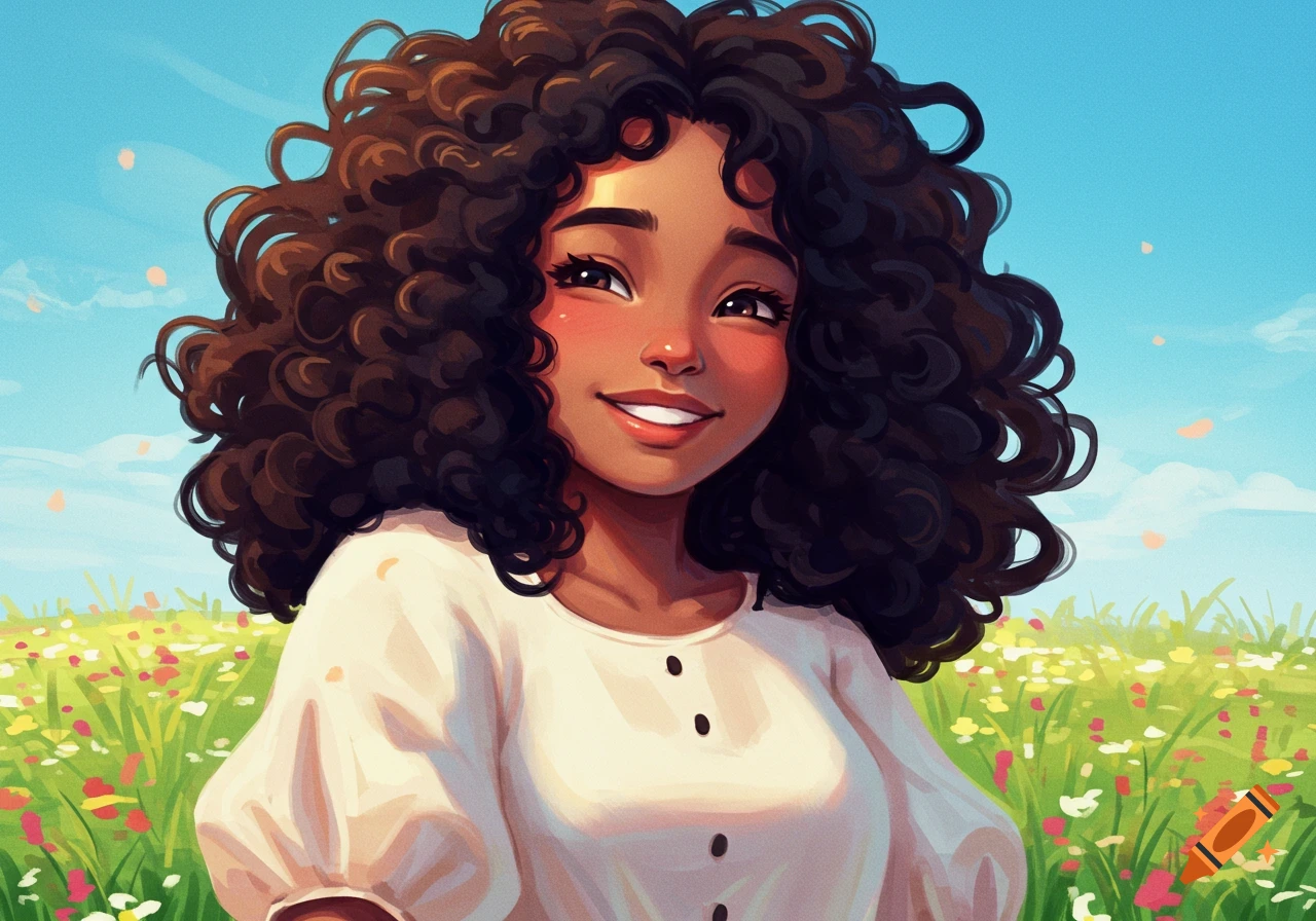 Smiling cartoon girl with curly dark hair in a sunny field of colorful flowers under a blue sky.