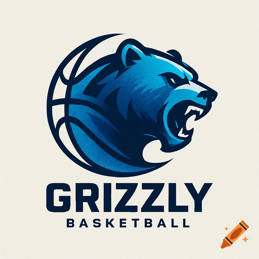 Modern blue grizzly bear head snarling, integrated into a basketball logo, with the text 'GRIZZLY BASKETBALL' below.