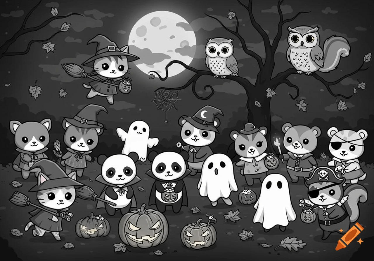 A black-and-white illustration of various kawaii animals in Halloween costumes gathered under a full moon with pumpkins and a spooky tree.