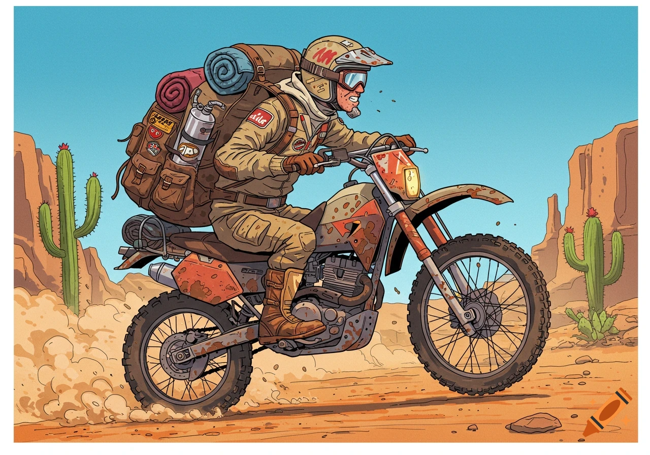 Cartoon illustration of a man on a dirtbike with an expedition backpack, riding through a dusty desert with cacti and rock formations.