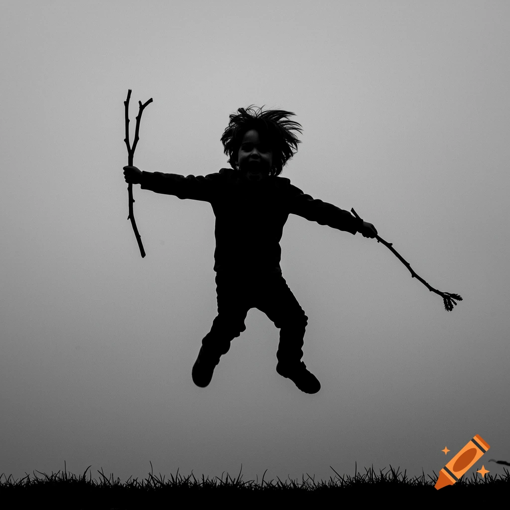 A silhouetted boy jumps high, holding two sticks, against a light gray sky in a black and white image.