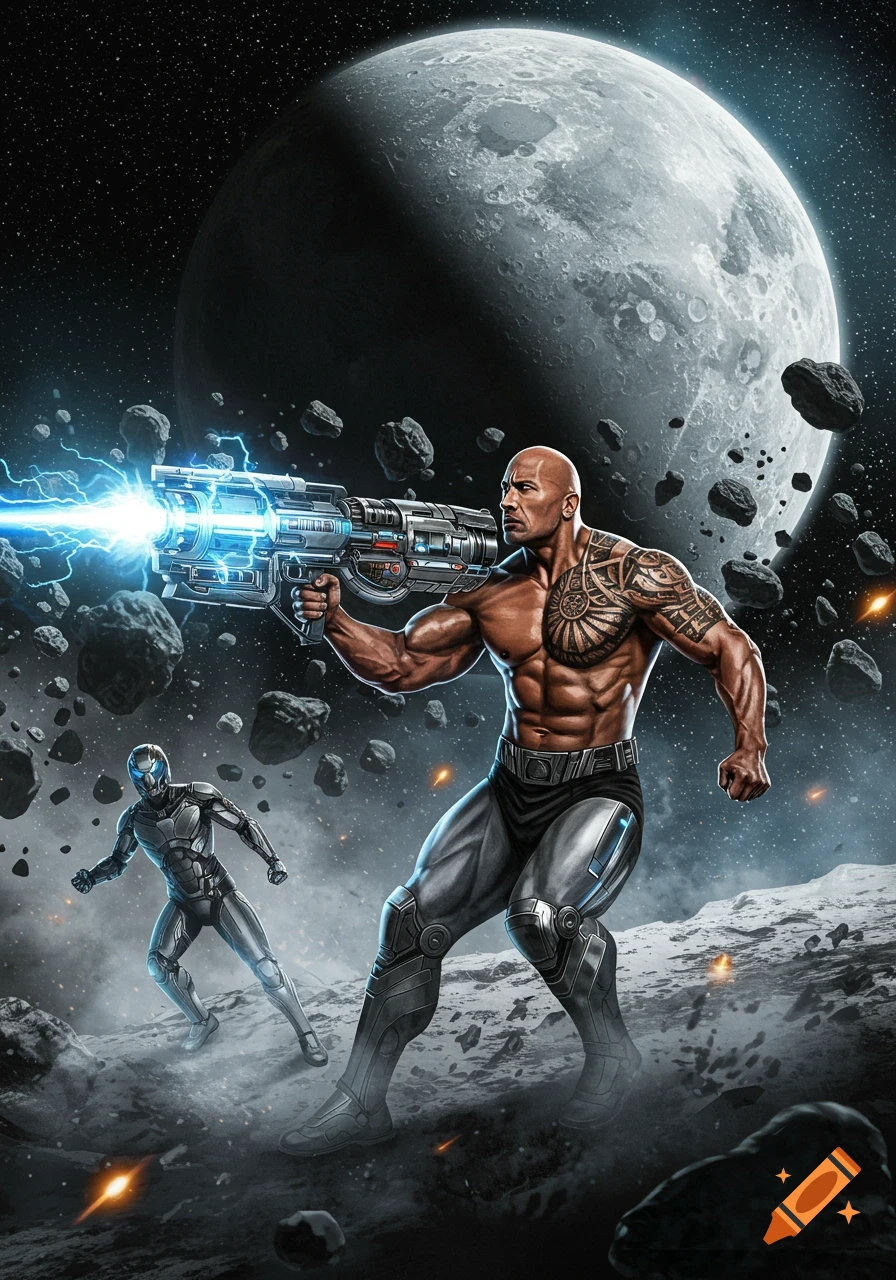 Muscular Dwayne 'The Rock' Johnson, tattooed, fires a sci-fi laser gun on a moon-like surface with a large moon and asteroids in the background.