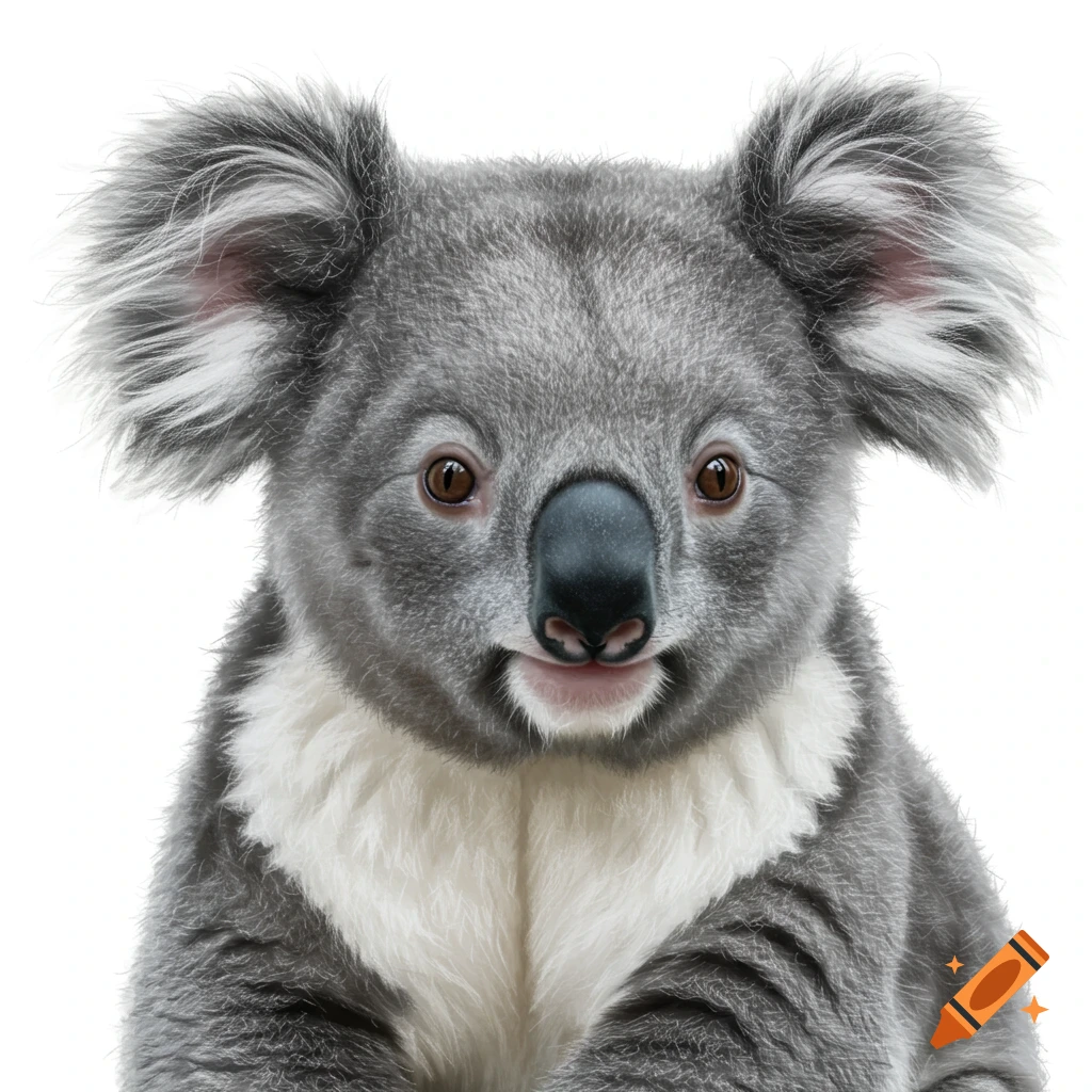 Close-up, photorealistic portrait of a koala with grey fur and large ears, looking directly forward against a white background.