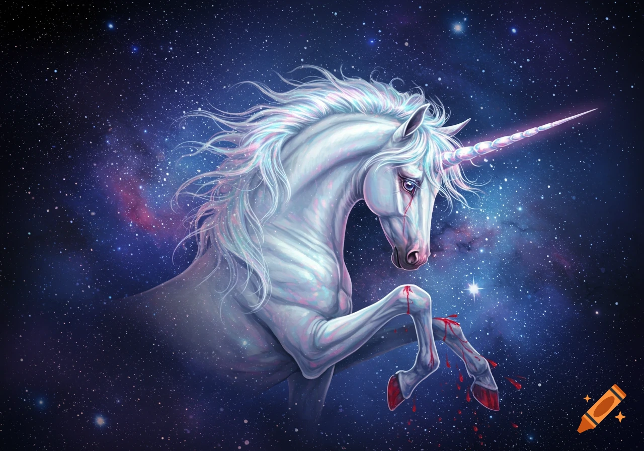 A white unicorn with a shimmering rainbow mane and horn, crying blood and bleeding from its legs, against a starry galaxy background. Digital art.
