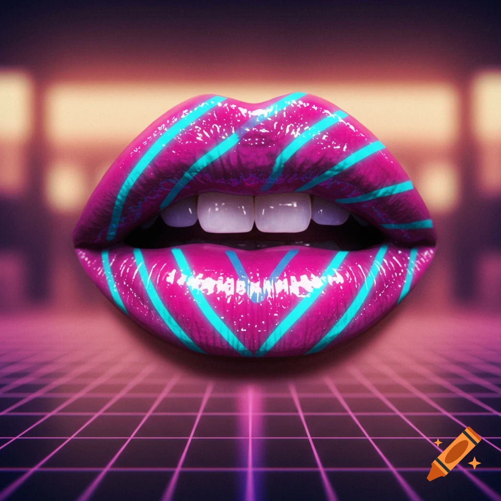 Close-up of glossy pink lips with bright blue diagonal stripes against a glowing purple grid, retrowave style.
