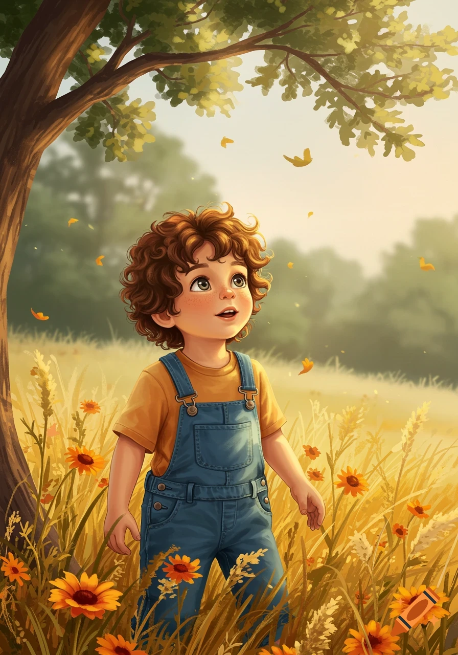 Illustrated young boy with curly hair in overalls stands in a sunny field of yellow flowers, looking up at a tree.