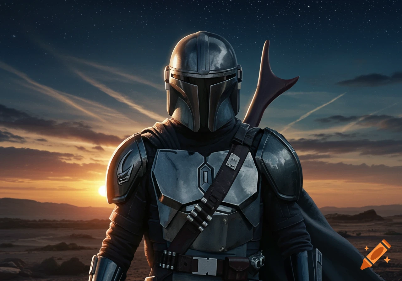 The Mandalorian in full armored suit, with a rifle on his back, stands against a desert sunset with a starry sky.