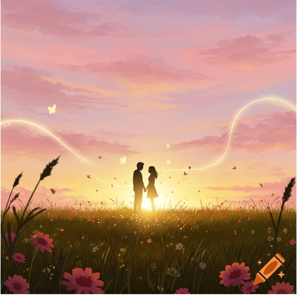 Silhouettes of a couple holding hands in a flower-filled field at sunset, with glowing trails and butterflies in a pink and orange sky. Digital art.