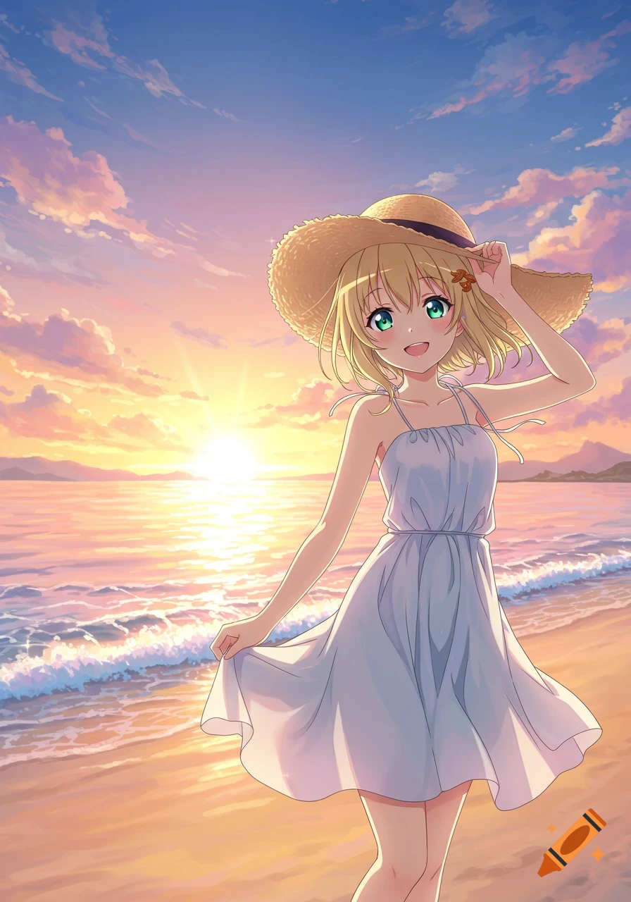 Blonde anime girl in a sundress and sun hat on a beach at sunset, smiling at the camera.