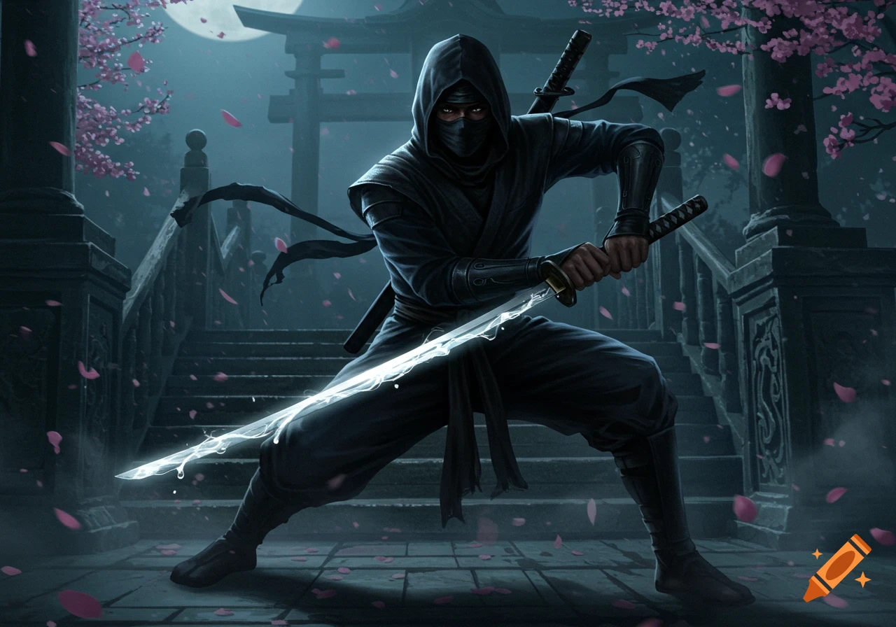 A ninja in a black cloak and mask, crouching with a glowing sword on stone steps under a full moon, with cherry blossoms and a torii gate.