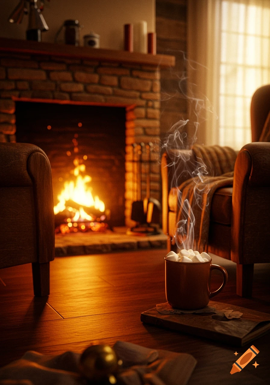 A mug of hot chocolate with marshmallows and steam sits on a wooden floor in a cozy room, with a lit fireplace and armchairs in the background.