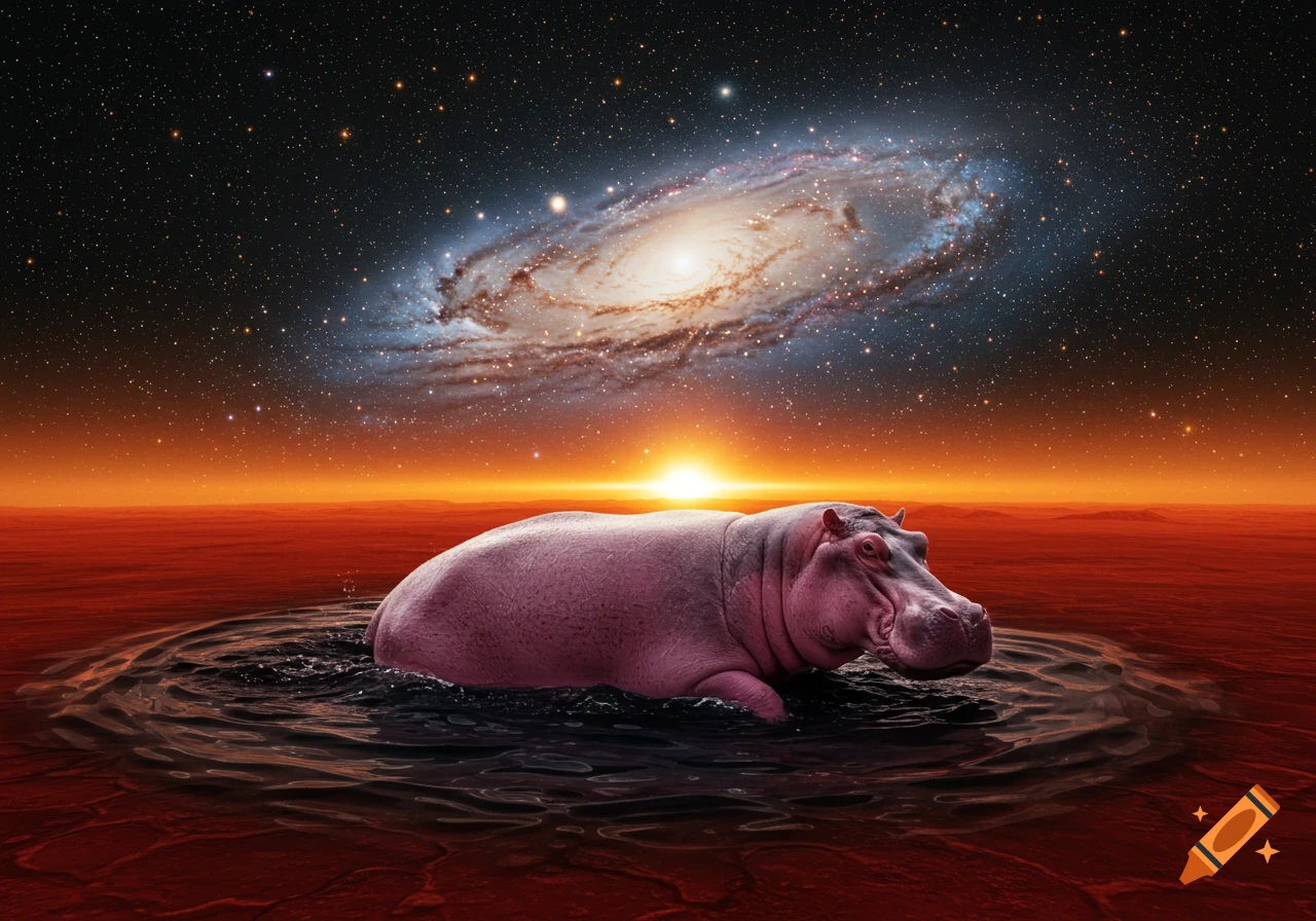 A pink hippo in dark water on a red alien planet under a starry sky with a swirling galaxy.