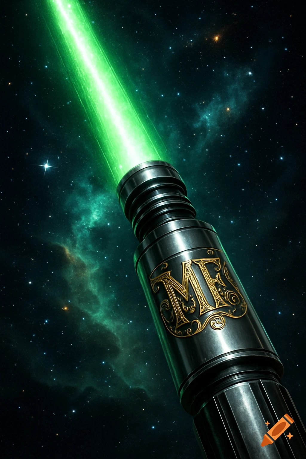 A futuristic lightsaber hilt with ornate golden 'MF' initials, emitting a bright green blade against a starry space background with nebulae.