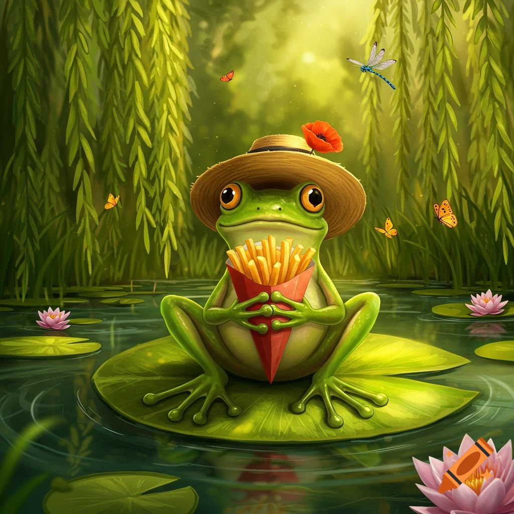 A cute frog in a straw hat sits on a lily pad, holding french fries in a pond with water lilies and willow trees.