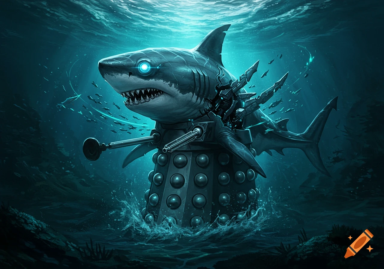 A formidable shark with Dalek armor and weapons emerges from dark blue murky water, surrounded by small fish.