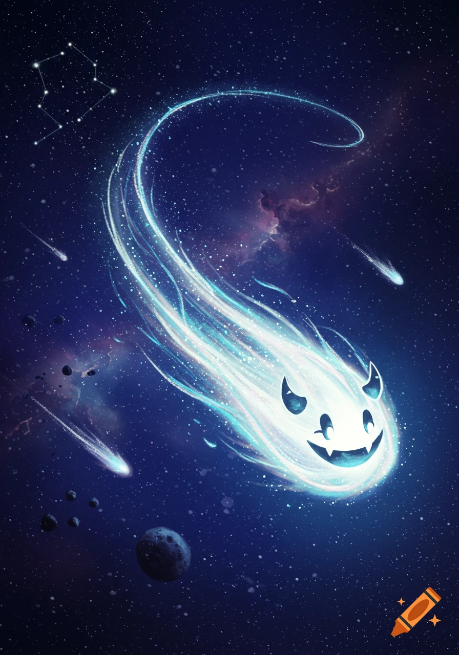 A luminous, smiling, horned shooting star streaks through a dark blue starry space with a constellation, planets, and meteors.