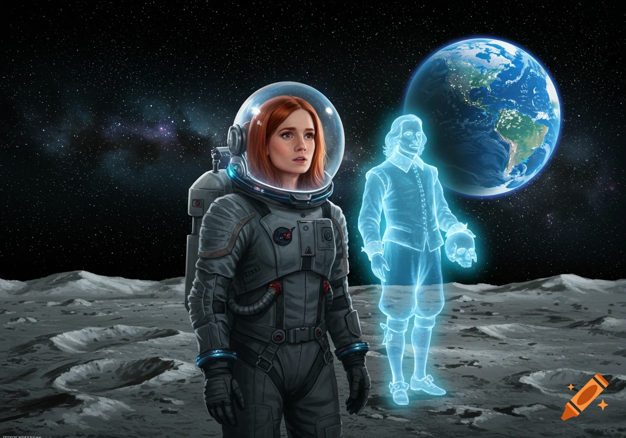 An astronaut and a glowing blue Hamlet holding a skull stand on the moon, with Earth and stars in the background.