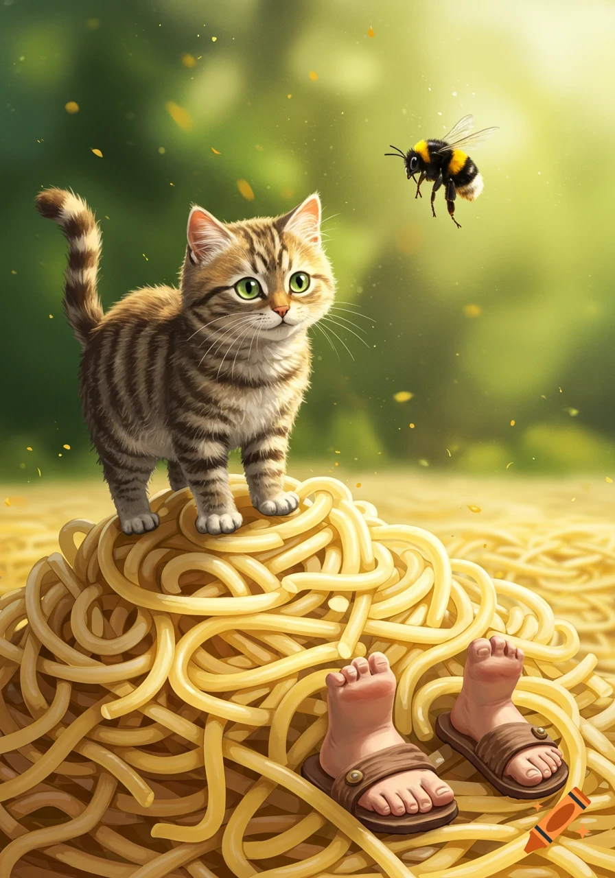 Cute tabby kitten on a pile of spaghetti watching a bee, with human feet in sandals emerging from the pasta.