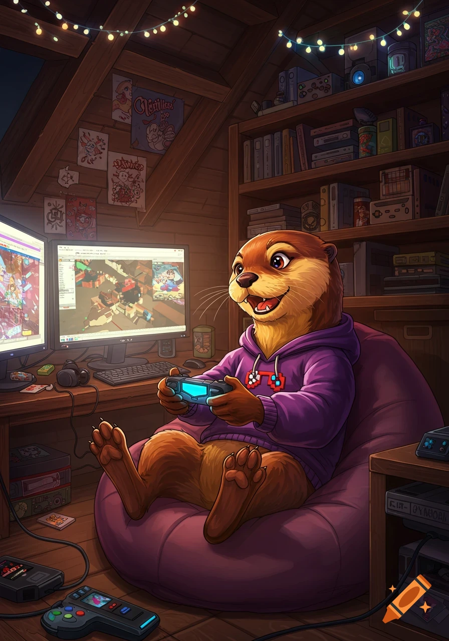 An anthropomorphic otter in a purple hoodie sits on a beanbag chair, playing a video game with a controller in a dimly lit, cozy attic room filled with gaming equipment and string lights.