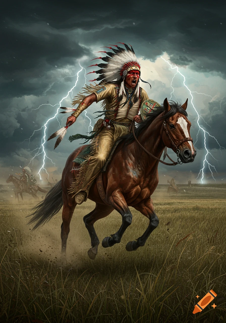 A dramatic illustration of a Native American chief on horseback, yelling and holding feathers, charging across a stormy plain with lightning.