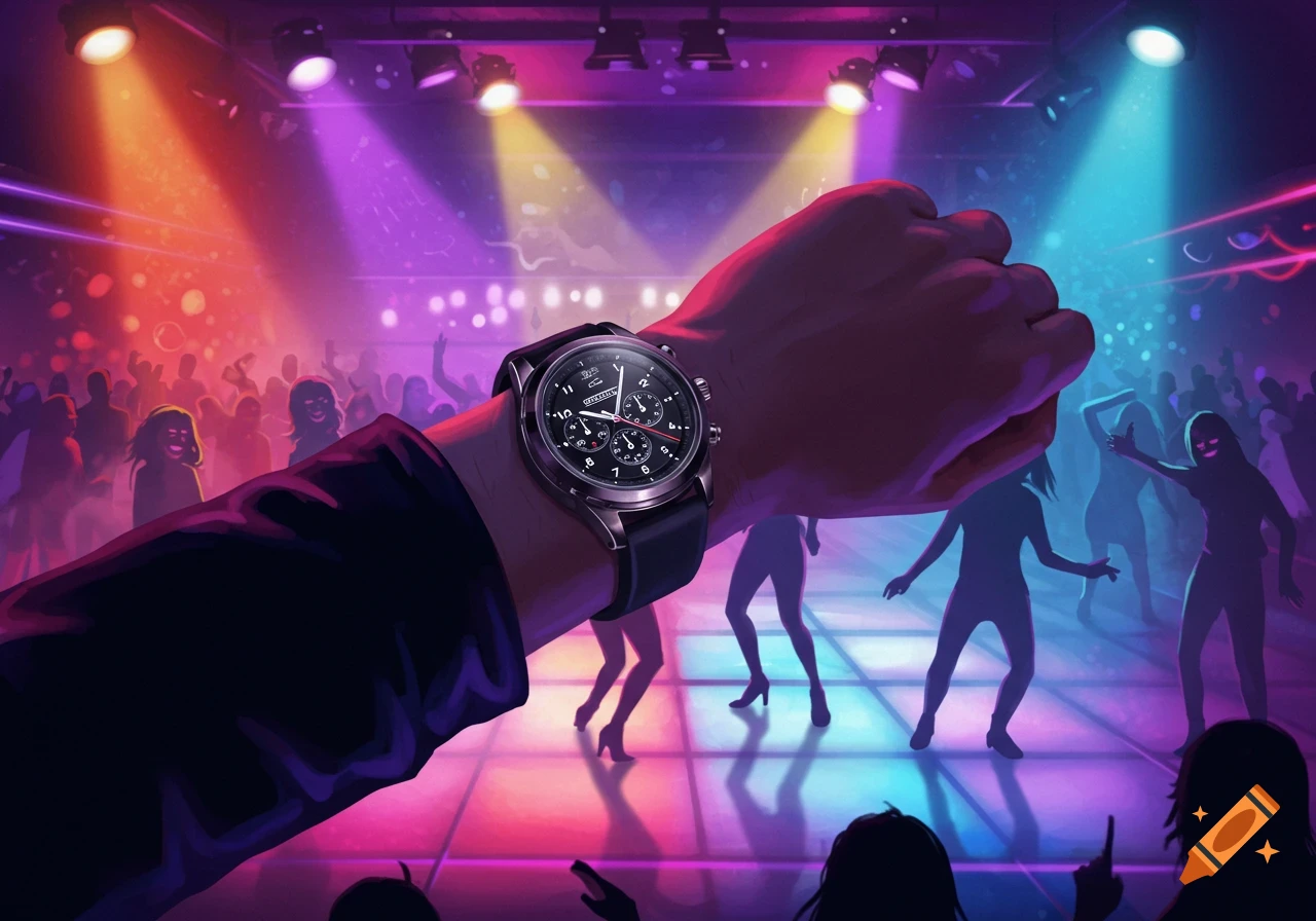 Illustrated arm wearing a watch in a vibrant nightclub with silhouetted dancers under colorful lights.