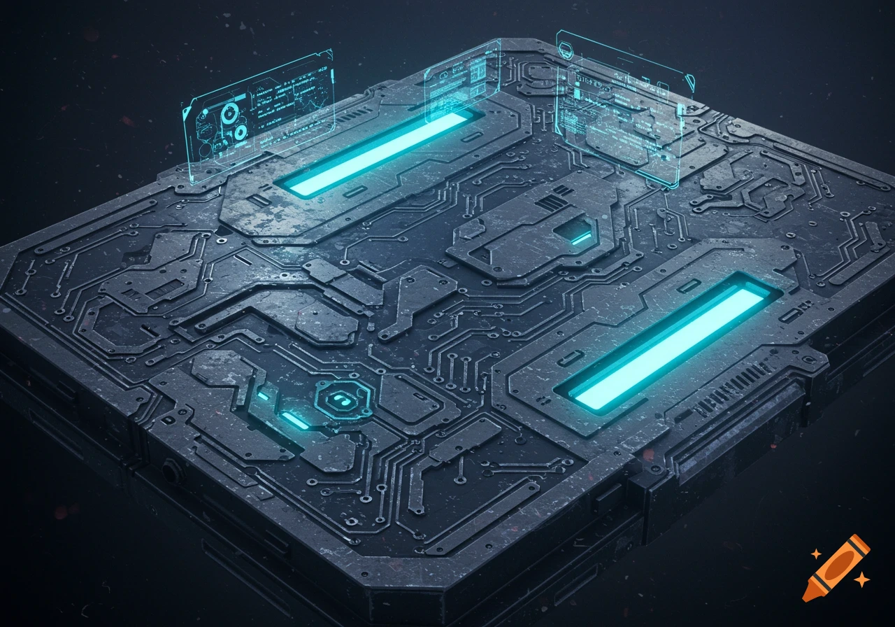 A dark, futuristic metal panel with intricate circuitry, glowing blue lights, and holographic displays.
