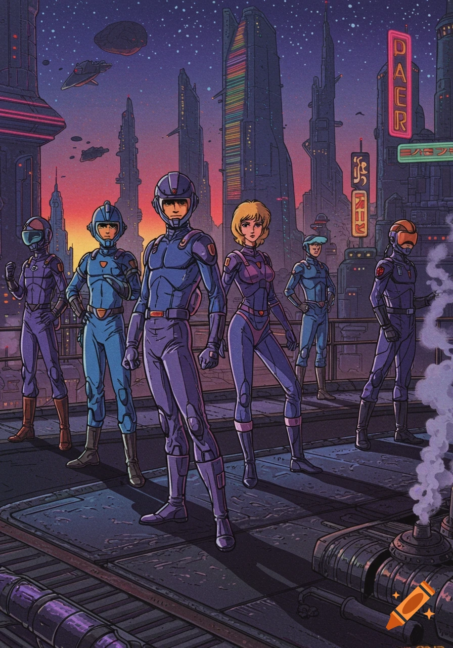 A group of old-school anime sci-fi characters in blue and purple bodysuits stand on a futuristic city rooftop at sunset.