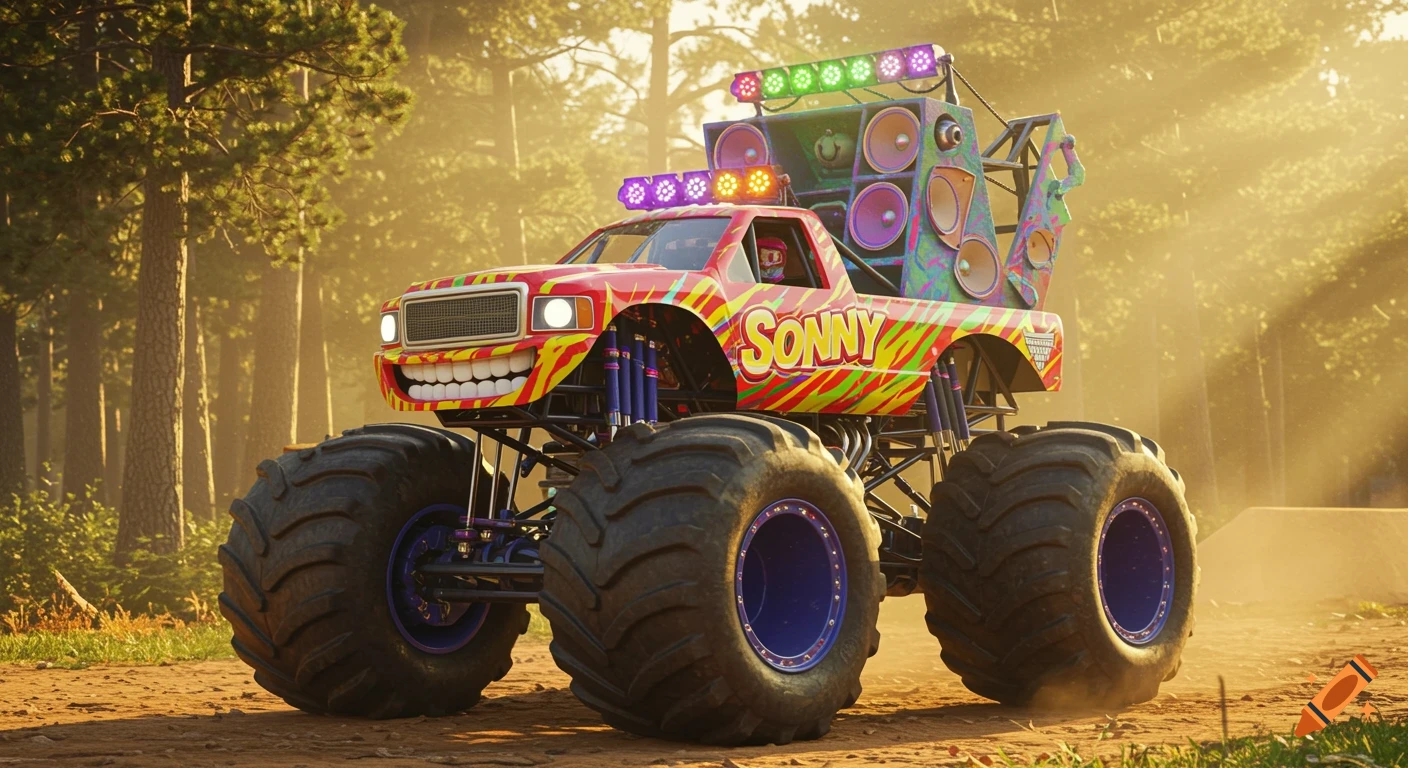 A vibrant, colorful monster truck named 'SONNY' with huge wheels, speakers, and disco lights, parked in a sunlit forest.