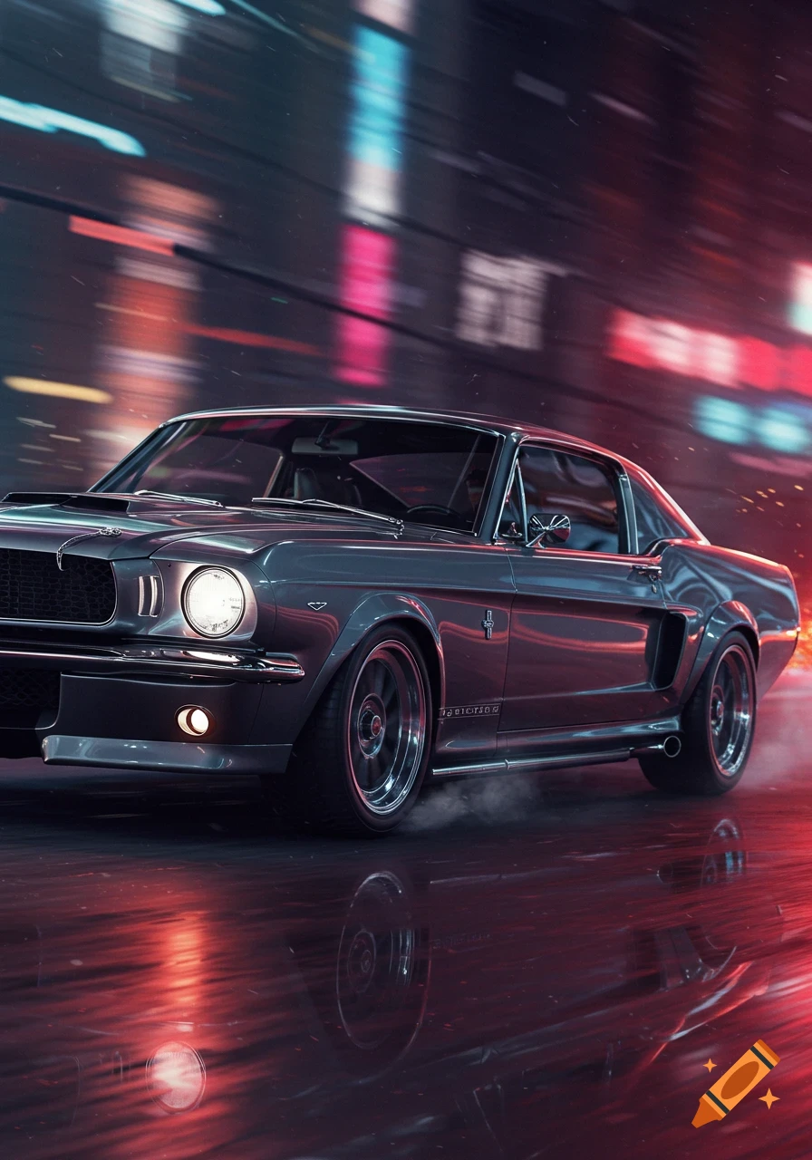 A dark gray classic Ford Mustang Eleanor drives at night on a wet street, reflecting neon lights and motion blur.