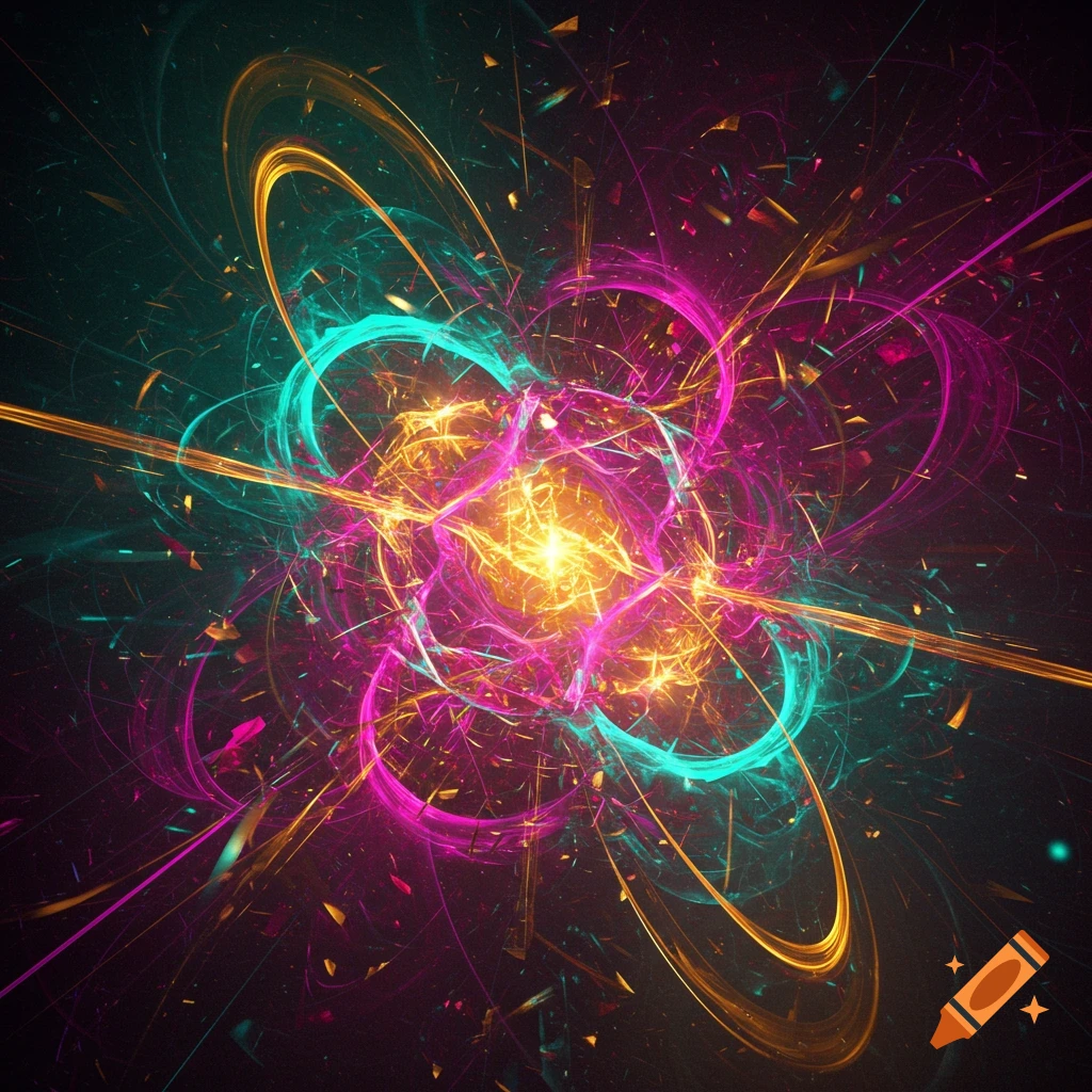 Vibrant abstract digital art with swirling magenta, teal, and gold glowing lines and a bright central light burst.