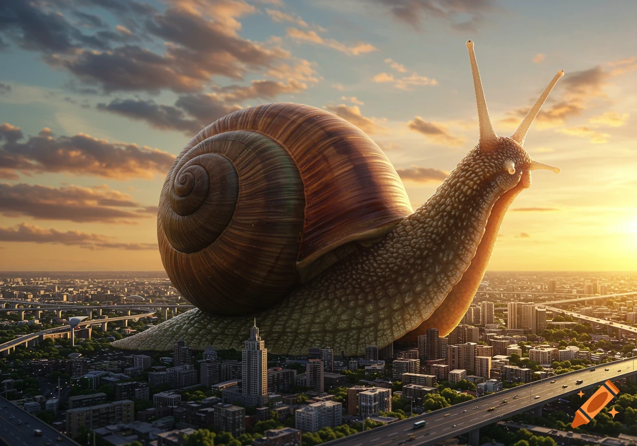 A giant photorealistic snail crawls over a sprawling miniature city at sunset, casting a long shadow.