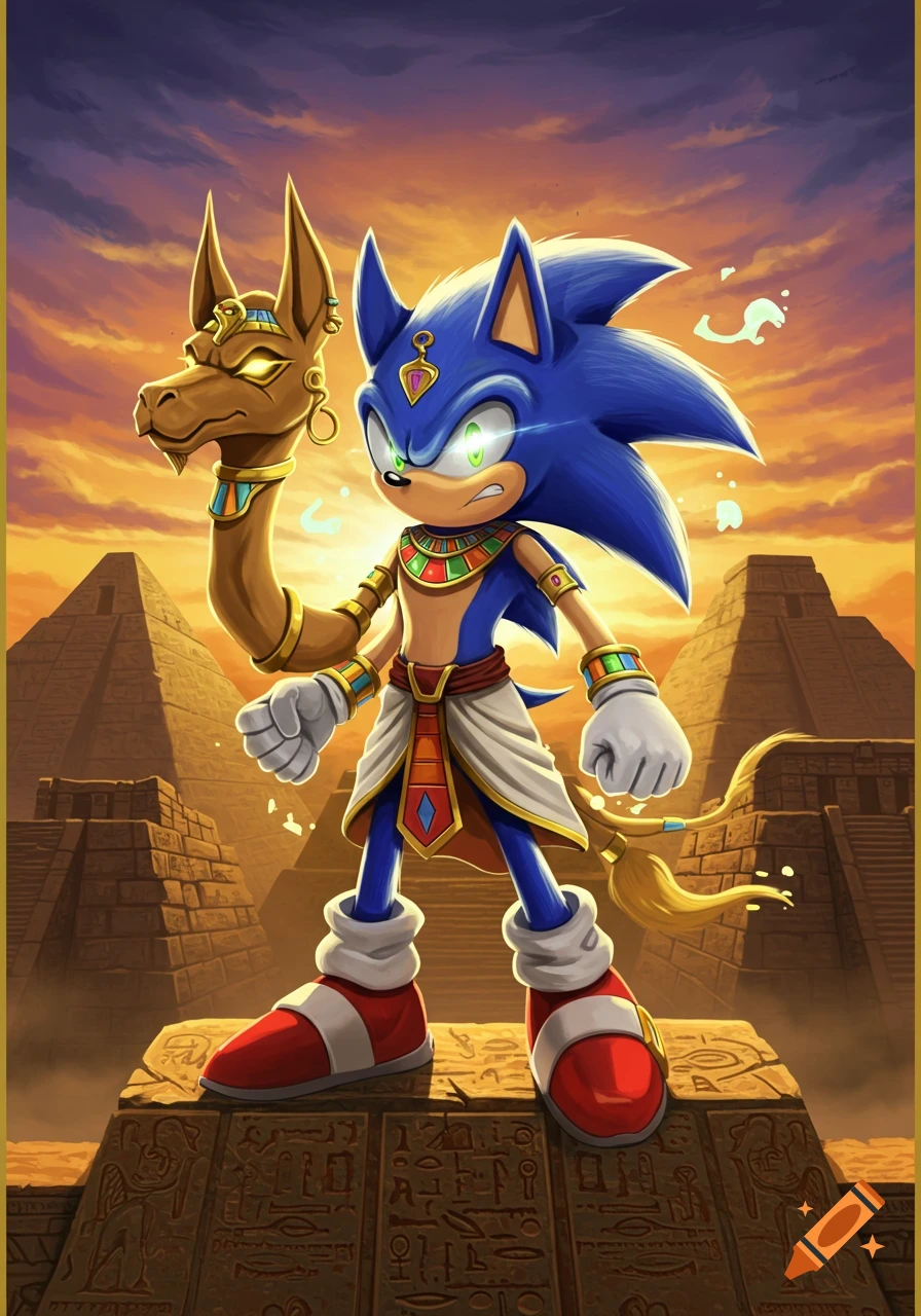 Sonic the Hedgehog in ancient Egyptian attire holding an Anubis staff, standing on a hieroglyphic platform with pyramids in the sunset.