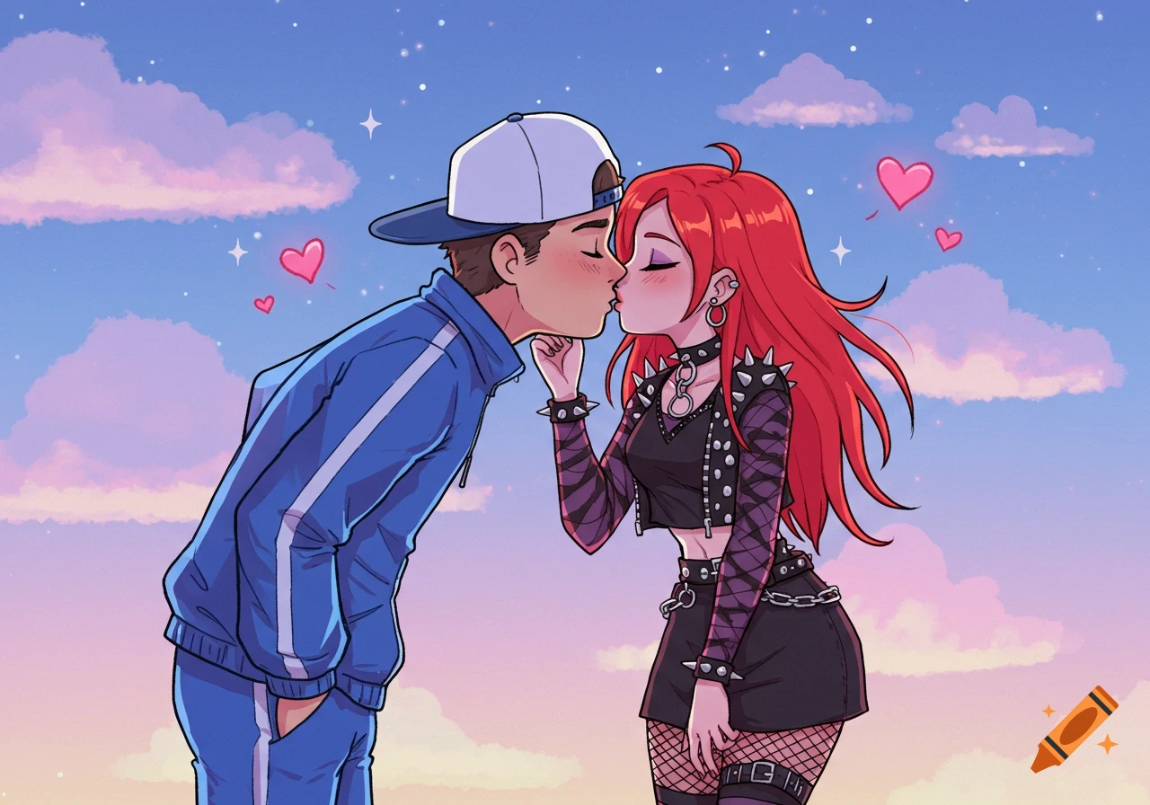 Cartoon couple kissing under a starry, cloudy sky. Man wears a blue tracksuit, woman has red hair and emo clothing.