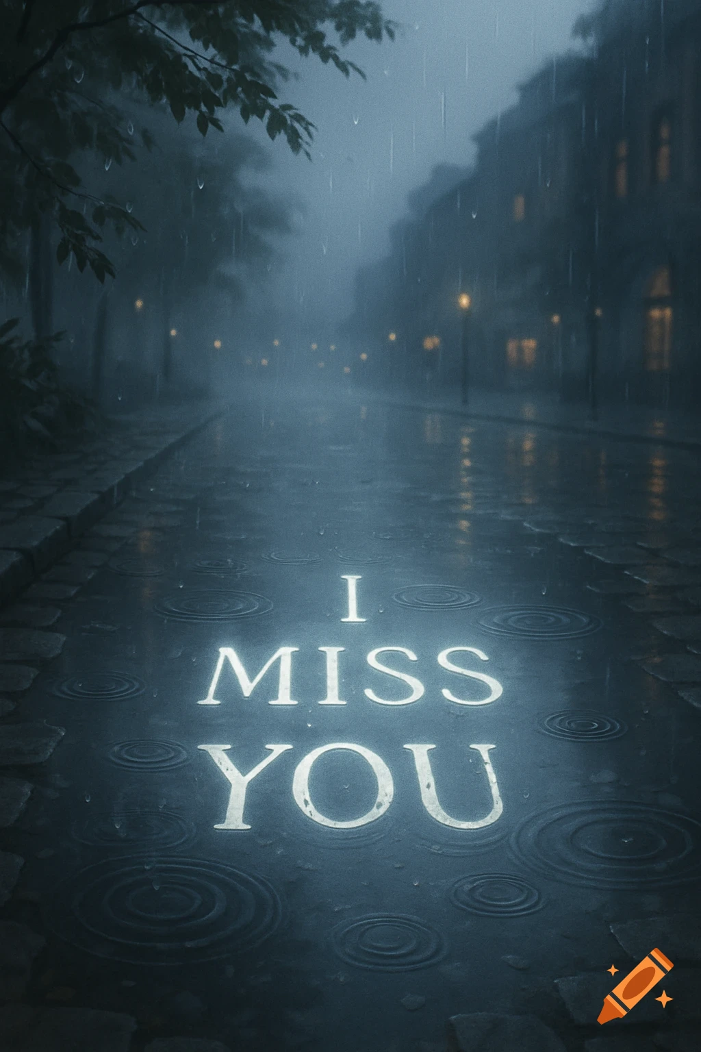 A dark, rainy street at night with the words "I MISS YOU" glowing on the wet pavement, reflecting the distant streetlights.