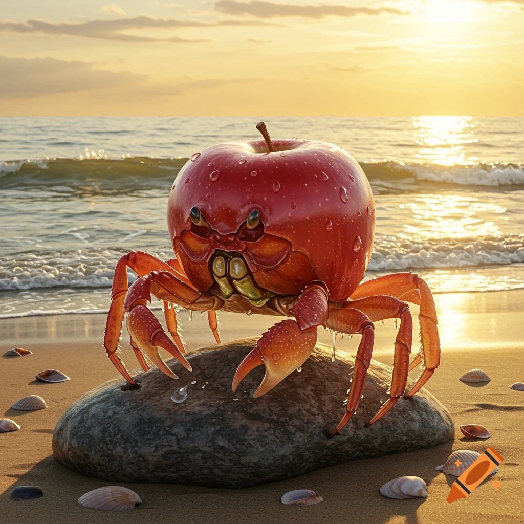 Photorealistic red apple-crab hybrid on a rock at sunset on a sandy beach with seashells.