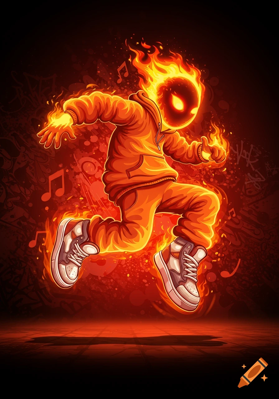 A vibrant cartoon fire character in a hoodie and sneakers jumps against a dark, graffiti-style background with musical notes.