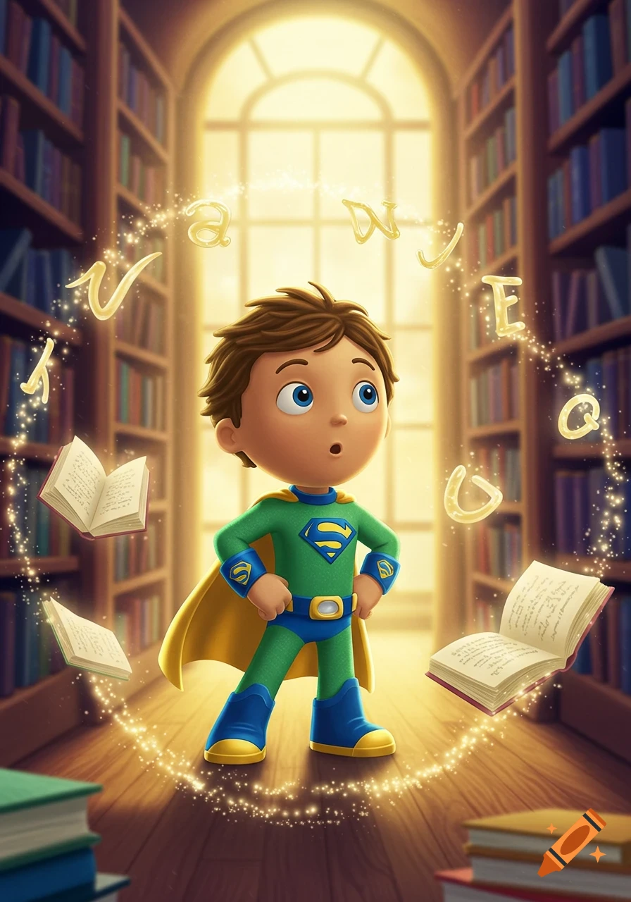 Cartoon boy in a green and blue superhero costume with a yellow cape stands in a library, looking up at magical floating letters and open books.