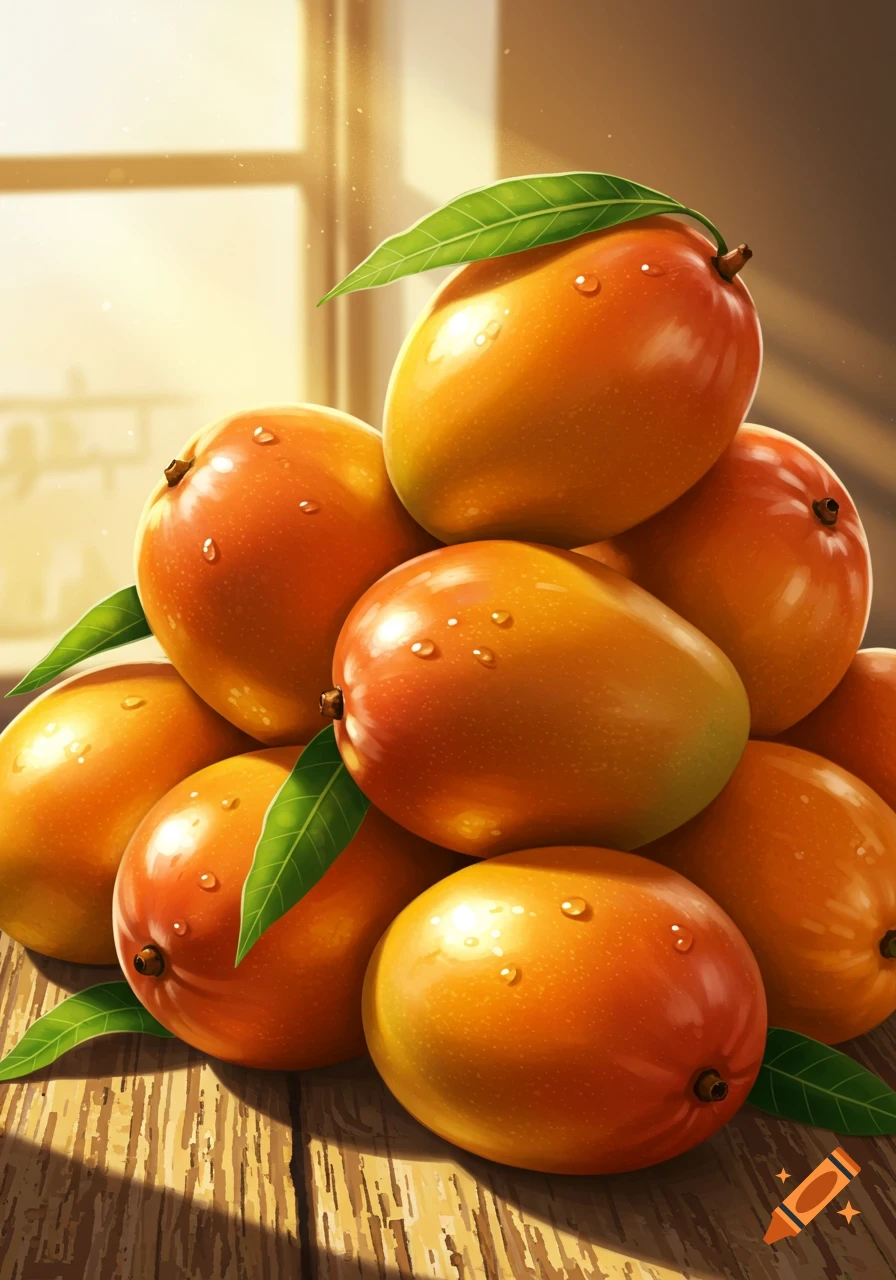 A vibrant pile of fresh mangoes with water droplets and green leaves on a sunlit wooden table.
