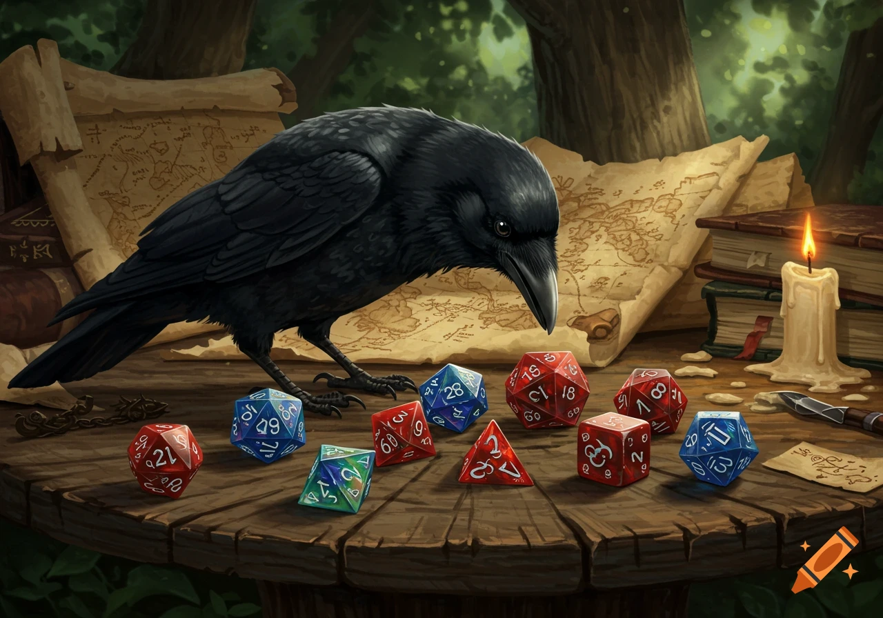 A black crow inspects colorful polyhedral D&D dice on a wooden table with old maps, books, and a lit candle in a forest setting.