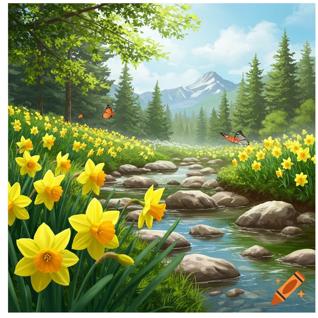 Vibrant spring landscape with yellow daffodils lining a rocky stream, butterflies in the air, and lush green trees leading to snow-capped mountains.