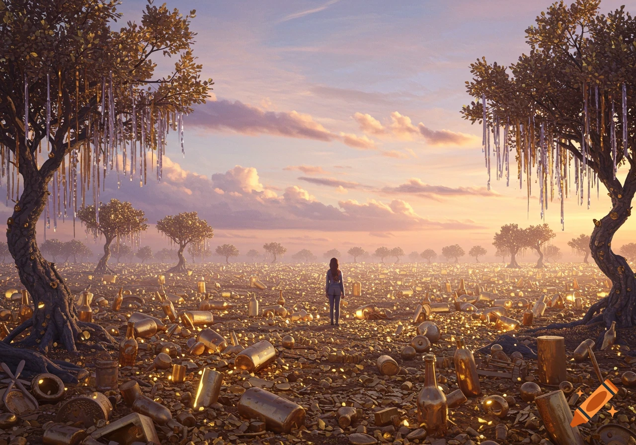 A solitary figure stands in a vast, surreal golden landscape at sunset, surrounded by glittering debris and ornate trees.