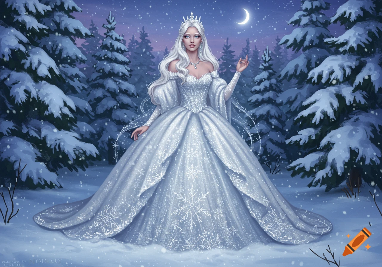 Regal ice queen with white hair and crown in a sparkling white gown with snowflakes, standing in a snowy forest under a crescent moon.